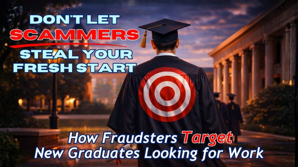 Awareness graphic featuring person in graduation gown with target symbol on back and text "Don't Let Scammers Steal Your Fresh Start: How Fraudsters Target New Graduates Looking for Work"