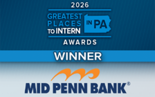 2026 Pennsylvania’s Greatest Places to Intern Awards winner graphic featuring the Mid Penn Bank logo.