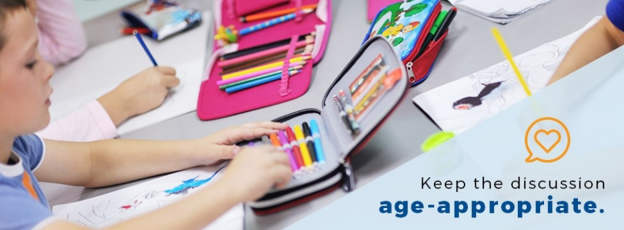 Children drawing at a classroom table with art supplies. Graphic promotes age-appropriate discussions regarding money management.