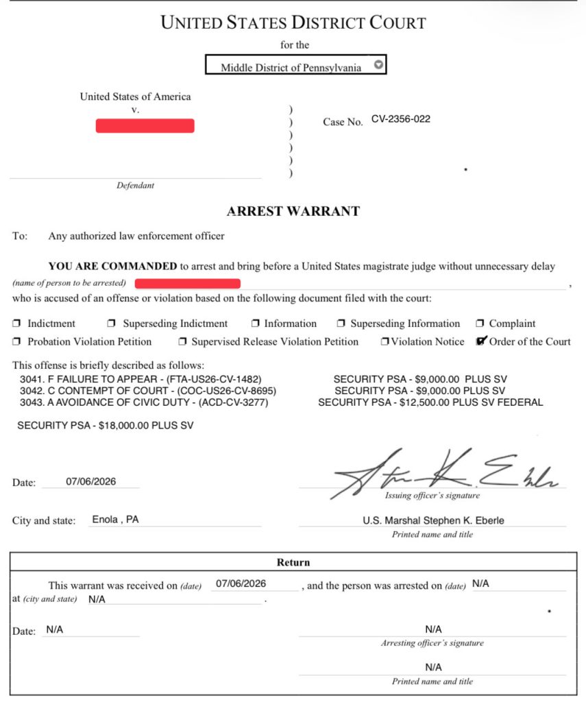 Fake arrest warrant issued by the United States District Court for the Middle District of Pennsylvania